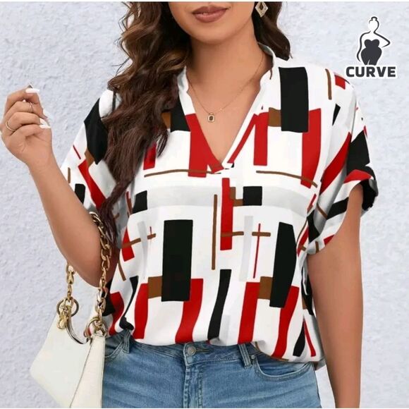 Plus Geometric Print Batwing Sleeve Blouse - Picture 3 of 4